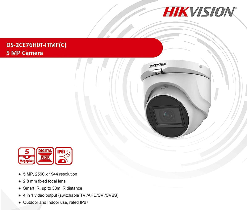 Hikvision TurboHD 5MP Outdoor Smart IR Turret Analog Camera, 2.8mm Fixed Lens, White | DS-2CE78H0T-IT3F (2.8MM)