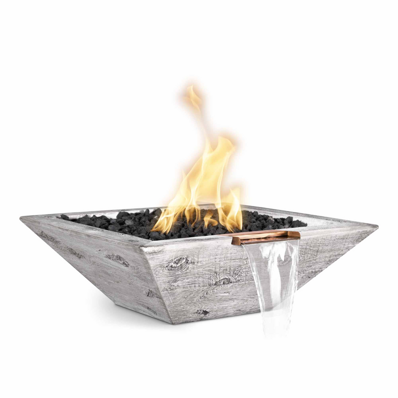 The Outdoor Plus 24" Square Maya Outdoor Fire & Water Bowl - Wood Grain GFRC Concrete - Ebony - Match Lit - Natural Gas | OPT-24SWGFWWS-EBN-NG